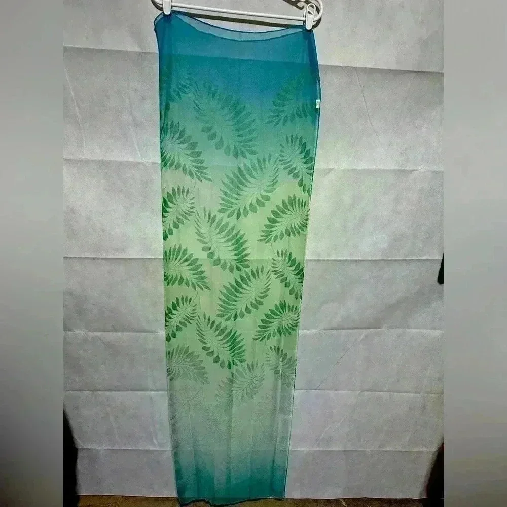 Lot of 2 Silk Feel Scarves Asian Inspired Floral Palm Leaf Sheer Colorful Long